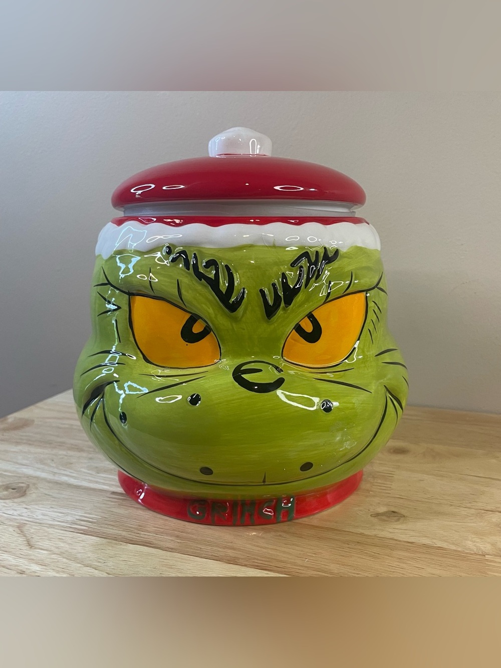 Dr. Seuss The Grinch Ceramic Cookie Jar Christmas Holiday Hand Painted 8"